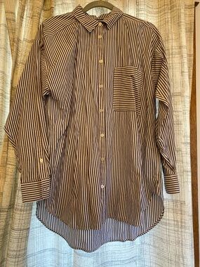 LOFT Black and White Vertical Stripe Button-Up Blouse